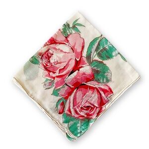 Antique Midcentury Pink & Green Rose Floral Silk Linen Scalloped Handkerchief